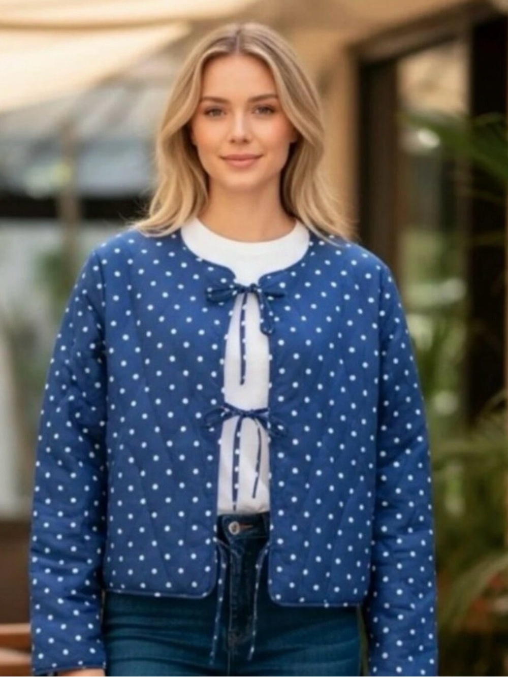 Avec Les Filles anthropologie Polka Dot Tie-Front Blue Quilted Jacket